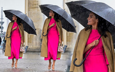  Con un tocco di fucsia Letizia Ortiz rinnova il classico cappotto cammello 